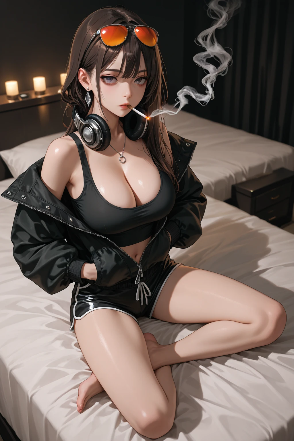 8k, masterpiece, best quality, realistic, higly detailed, cowboy shot, 1girl, solo, miku, emotionless looking girl, medium-length red hair, strands of hair hanging over the right side of her face, a set of wireless headphones that have a triangle-shaped logo on the ear cups around her neck, dark blue eyes, average height, well-endowed figure, large breasts, bangs cover her right eye, Ninja