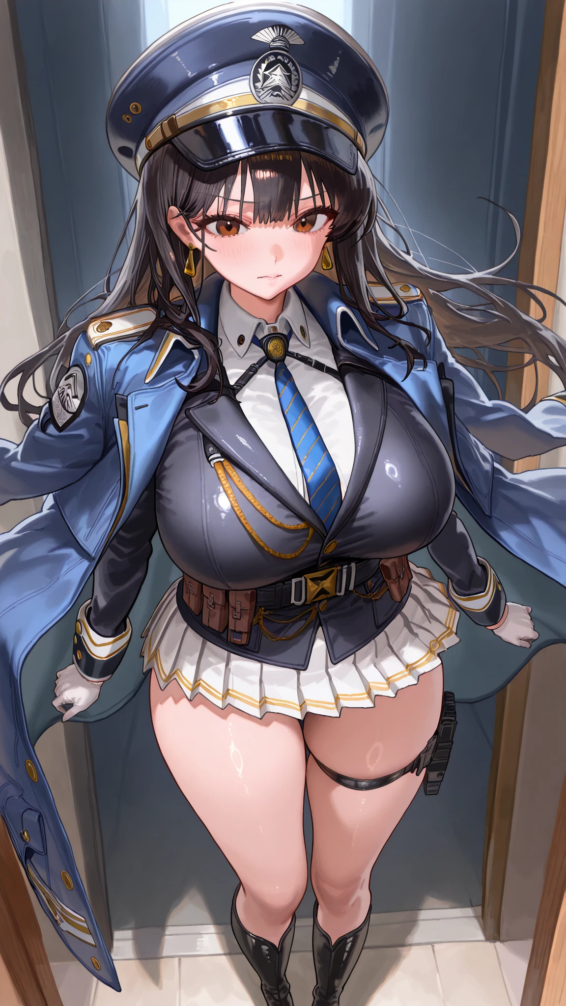 1girl,solo,large breasts, long brown hair, outfit-ak,neckbell, collar, black thighhighs, blue jacket, long sleeves, blush, embarrassed,shirt, sakamata,1girl, blush, legs, full body, white background, photo booth, portrait photo