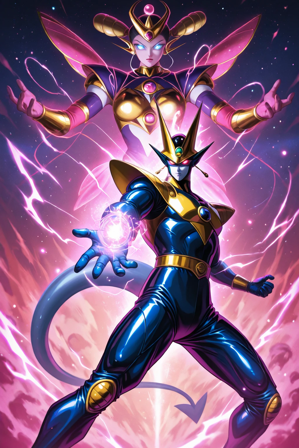"Powerful barbarian with insect-like angelic armor, reminiscent of Digimon and Guyver, joins forces with a group of sentai heroes. The robot girl with huge breasts adds an overwhelming presence to the scene."