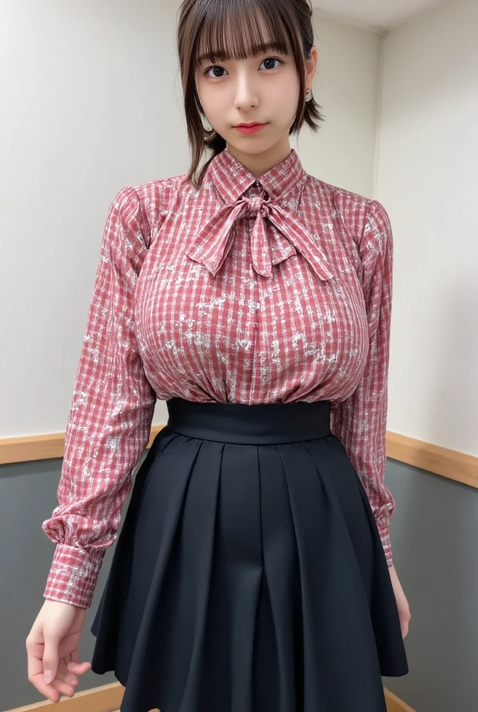 the Extremely Detailed CG Unity 8K Wallpapers、top-quality、ultra-detailliert、masterpiece、realisitic、Photo Real、Very detailed cute lady、20yr old、School uniform、((skirt lift by yourself)))、(Lifted by yourself)、sexy panties、panties focus、red blush、cparted lips、looking at the viewers、Semi-body shot、(Large crowds)、(Crowded museums)、Short bob cut、Facing the front、Attractive thighs