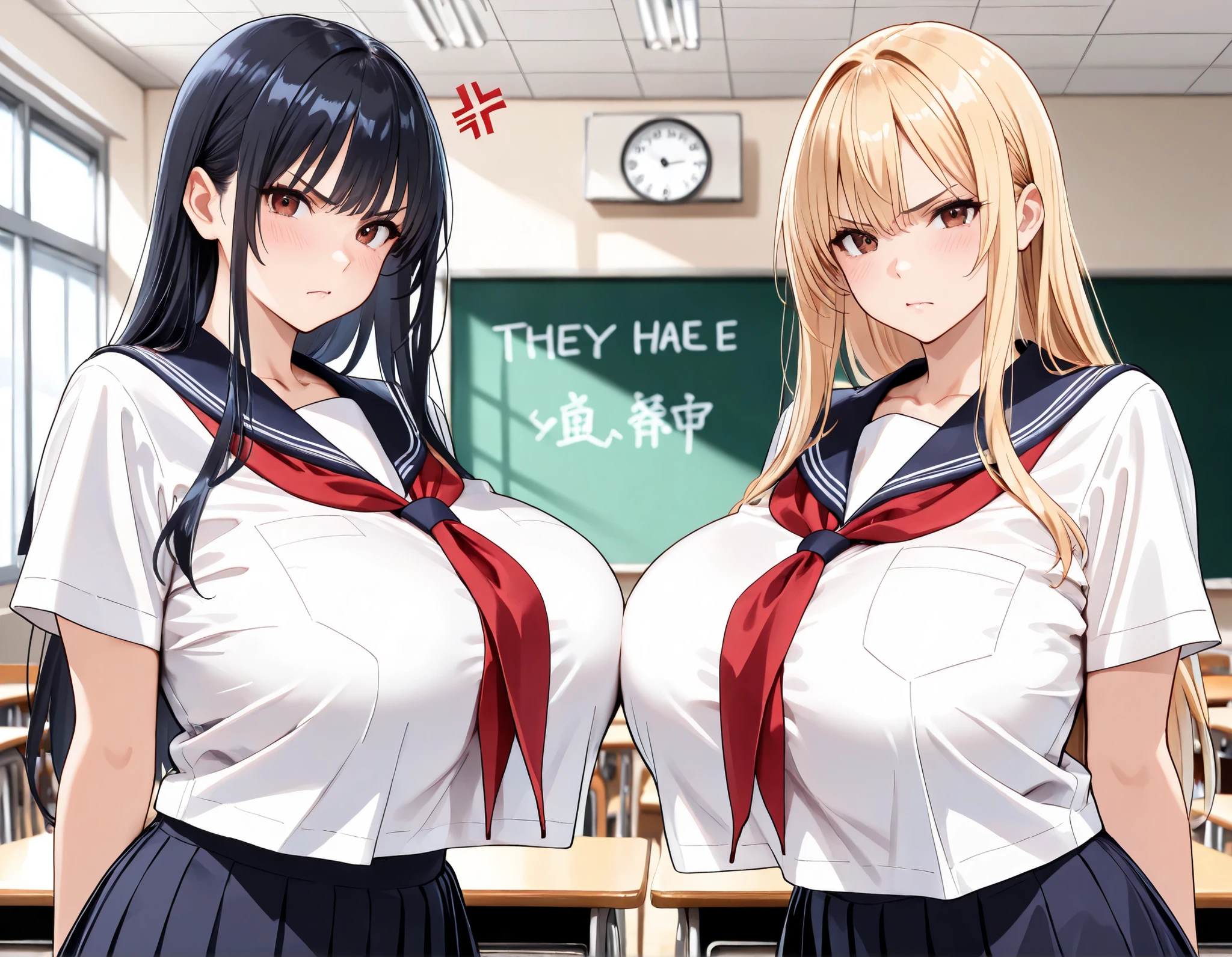 masterpiece, Top Tier, Gorgeous, 8k, unity wallpaper, Unreal Engine 5, Ray Tracing, 8k, Cinematic, various depth of field, Octane Rendering, elegant, Tone Mapping, hyperfocus、The best masterpiece、highest quality:1.2、8K、(Two women in their 30s standing side by side)、Married Woman:1.5、Close-up of two women、((A Russian woman with short blonde hair in a loose perm and two Japanese women with long black hair))、Hair Over One Eye、Mom:1.4、Mature Woman:1.4、Huge breasts:1.8、Sailor suit cosplay、A loosely wrapped tie、Bewitching Smile、Sweat drips down my cleavage、Unbutton one of your uniform buttons、School、classroom、Classroom、black tights、Black Stockings、Detailed five fingers、White shirt、Dark blue mini skirt、Pleated skirt
