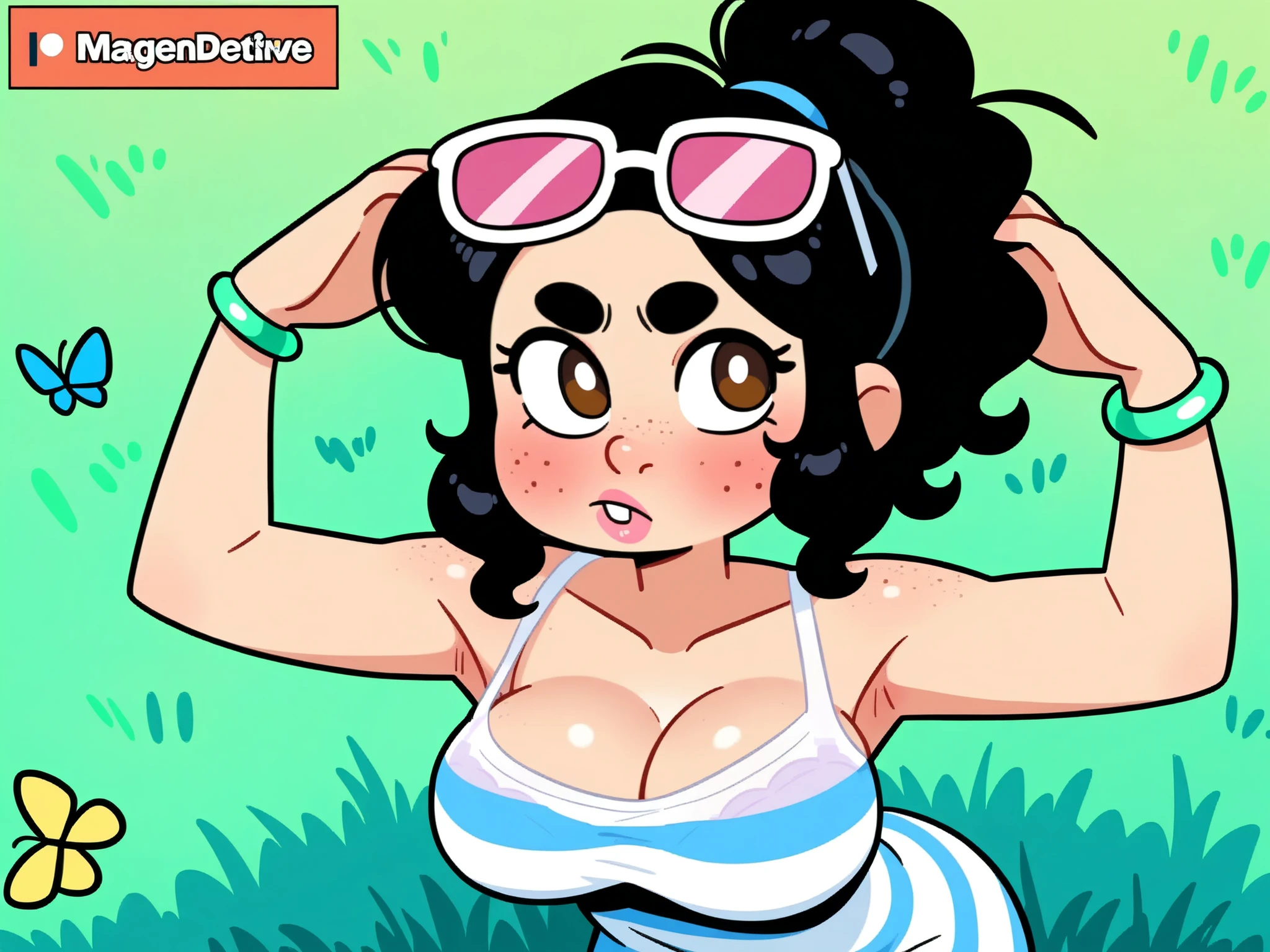 A cartoon girl in a swimsuit on the beach, en una playa soleada, en una playa, en la playa, en una playa, en la playa, is wearing a swimsuit, De pie en la playa, Piel bronceada suave, ella tiene la piel color oliva, en bikini, posando en la playa, De pie cerca de la playa, piel bronceada), swimsuit, piel bronceada