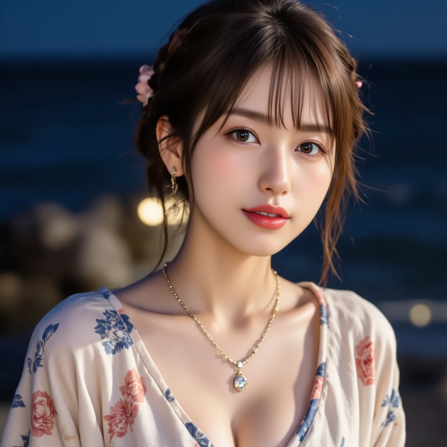 masterpiece, (photoGenuineistic: 1.4), highest quality, Beautiful lighting, Japanese , alone, jewelry, Earrings, (black eye、Big eyes、Baby Face:1.2), (Brown Hair、short hair、bangsが揃っている:1.2), Outdoor, Big Breasts, Scapula, Glowing Lips,smile、sunset,Genuine, bangs, (Golden ratio face、plump lower lip、Pink Lips、Korean Makeup:1.4)、fine grain、Detailed nose、Fine ears、Wet and glossy lip detail、Colored Stone Necklace, (Big Breasts:1.4),(Lacy black underwear:1.2)、(Sleeveless white shirt:1.6)、(CG Unity 8k high resolution wallpaper), Complex, Attention to detail, Sharp focus, dramatic, beautiful girl,(The water surface is reflected、Blurred Background、The entire background is a full moon、Big full moon、Night view:1.6)、(Smile、Brown Hair、short hair、Hair Bun、bangsが揃っている:1.2)
