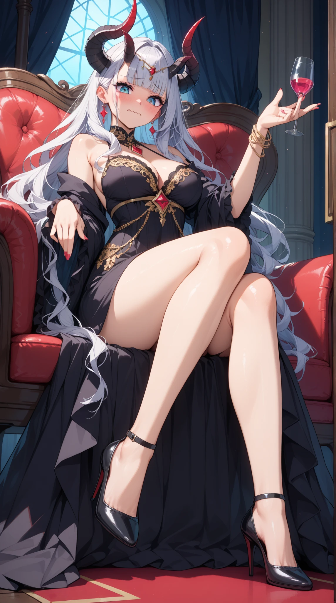 Kizi, wearing a plain purple and black robe, sleeveless, neckleace, sample thighs, platform jumps, she is sitting on a chair with her legs crossed showing her thighs, long white hair, gold eyes, steep nose, (((thick coxas, Broad Hips, BIG ASS)))