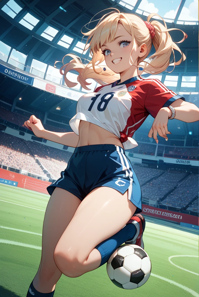 1 girl, pelo rubio, blonde hair, coletas,pigtails, pechos, breasts, huge breasts, soccer_uniform, inside soccer_field,kicking the ball.Kenzy Reeves