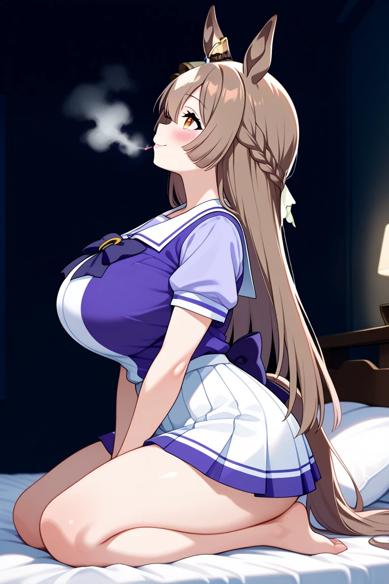 (masterpiece, Highest quality:1.2), One girl, alone, Casual wear, Private Server, Long Hair, Twin tails, Both sides up, Sweat, hot, Hot body, Heavy breathing, hot視線, 白い生地の布はSweatで濡れて透けている,
Firm, pointy, perky beautiful breasts,  A devilish, open-mouthed smile, How to talk to someone, In the room, Nana&#39;s Bedroom, A secret room specially prepared for sexual satisfaction within the station building,
(((Erect nipples visible through clothing or underwear))), Bras and underwear are designed as micro bikinis with less fabric., Worn as blue and white striped bikini underwear, Pleated white mini skirt, Open shirt, Her clothes are only open to the cleavage. 
Spread your legs wide, She lifts her skirt with one hand to show her underwear, blushes, and looks at the viewers with a dazed look., Heavy breathingで擦り寄ってくる, A box of tissues and condoms are on a nearby desk.,
I opened a condom packet and put a latex ring on my colleague&#39;s erect penis while giving him a hand job.,
From before,
break indoors, break anal sex, monster cock anal sex, break (masterpiece:1.2), Highest quality, High resolution, unity 8k wallpaper, (figure:0.9), (Beautiful attention to detail:1.6), Highly detailed face, Perfect lighting, Highly detailed CG, (Perfect hands, Perfect ???????), 