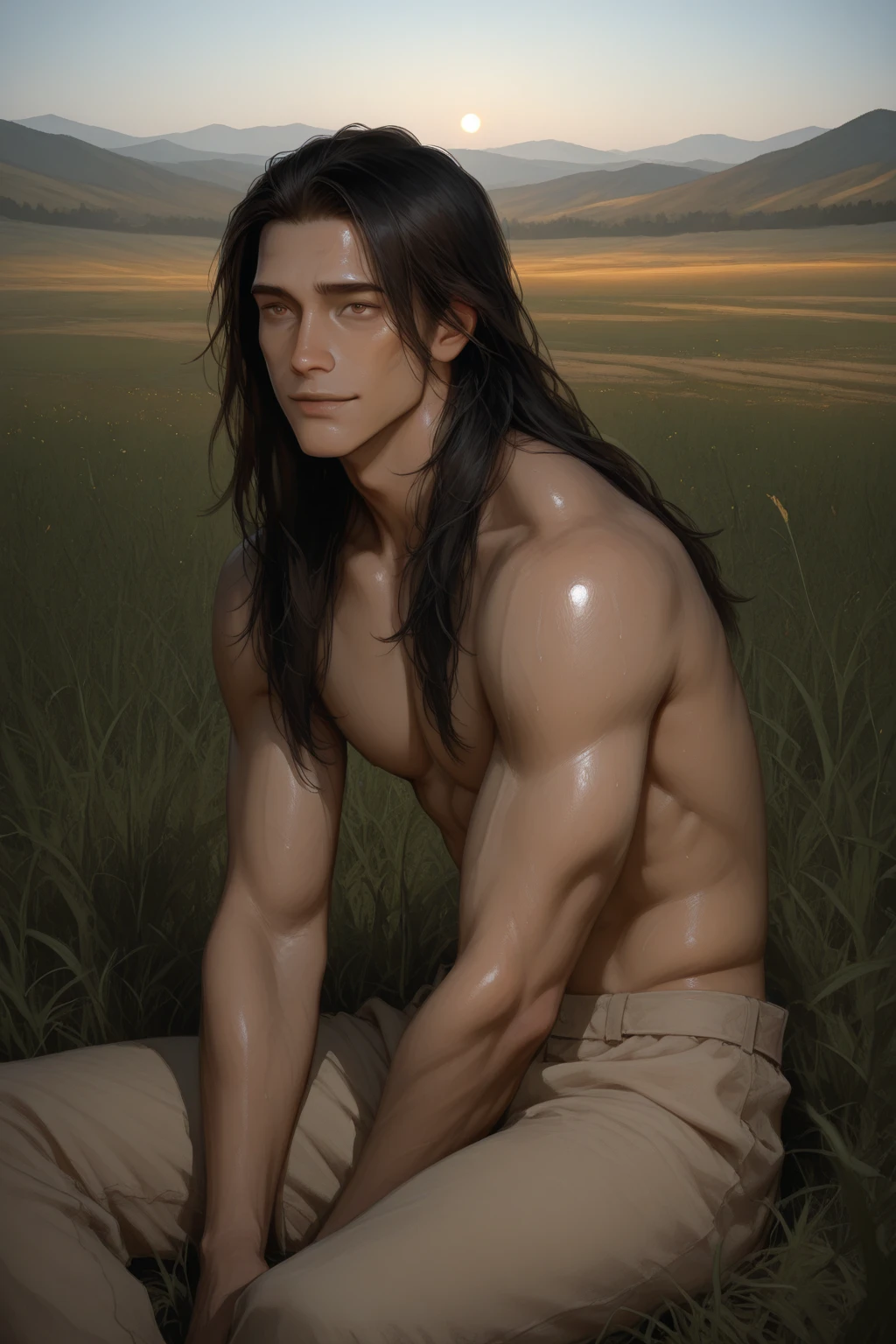 ((Best Picture Quality, 8k, tmasterpiece:1.3)), 1girl, A handsome guy with ancient decoration fairy:1.3, (Hairstyle with long flowing hair, Abs muscular feeling:1.2), :1.1, Ultra-fine face, Sharp eyes, 二重まぶた,ssmile,cultivating immortals,The face shape refers to Hu Ge,The scene is between mountains and mountains