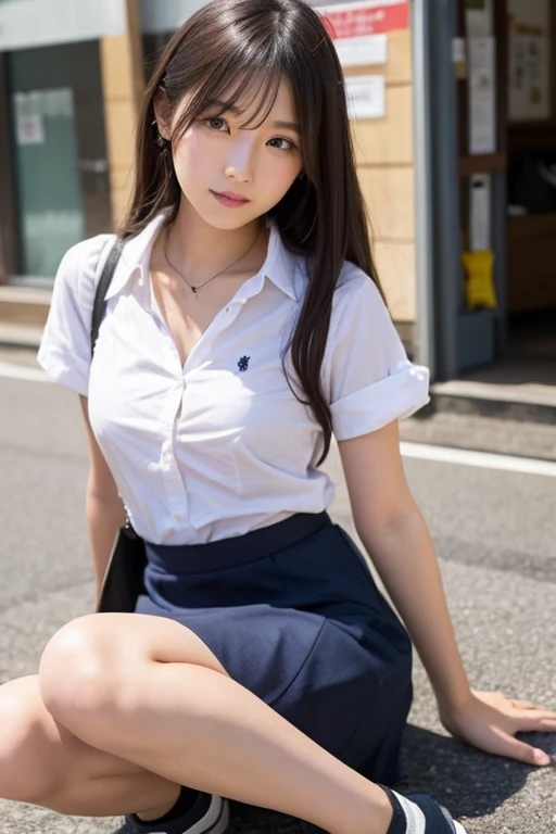 8k,highest quality, masterpiece, Super detailed, 超High resolution, Realistic, RAW Photos, Absurd, The absolute solution, One girl, whole body, View your viewers,Young and pretty girl in Japan,Super cute face, Attractive person, Large Breasts,Long Bob Hair,smile,(school uniform:1.3),Beautiful Eyes,(the wind is strong:1.3), Walking down a crowded street with a smile on your face, Glossy Lips, Double eyelids on both eyes, Natural Makeup, Long eyelashes, shiny smooth light brown Long Bob Hair, Asymmetrical bangs, Shiny skin, Center image, High resolution, Attention to detail, Detailed hairstyle, Detailed face, Great cinema lighting, Octane Rendering, Vibrant, Ultra-realistic, Perfect limbs, Perfect Anatomy 、((Sexy panties in full view:1.05))、((Spread your legs wide:1.45))