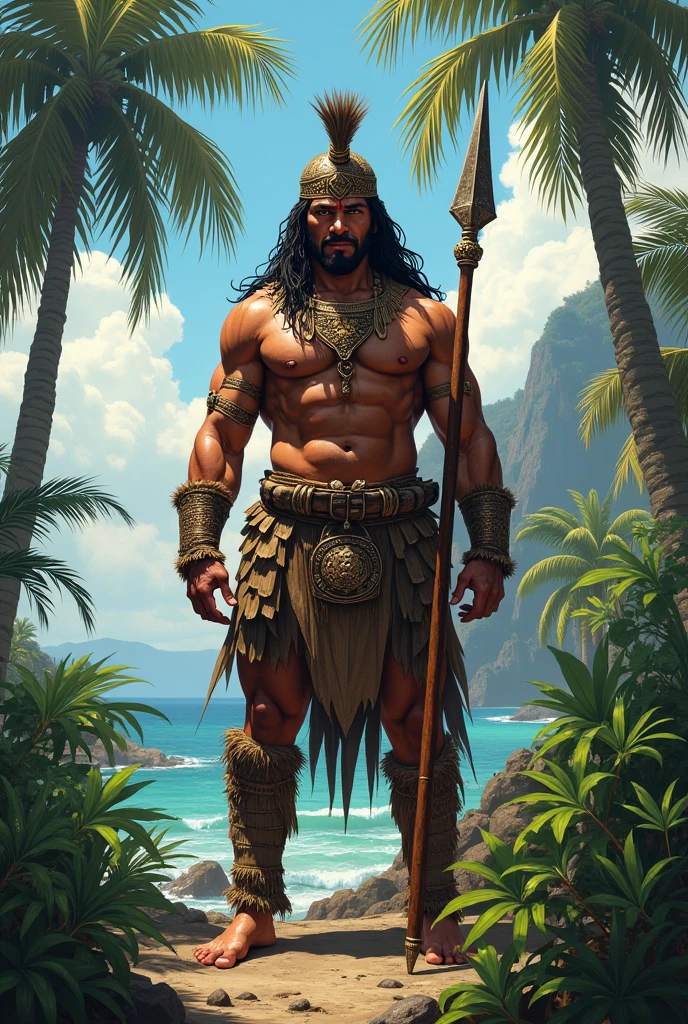 Create a giant warrior holding a diamond spear based on the state of Rio de Janeiro Brazil
