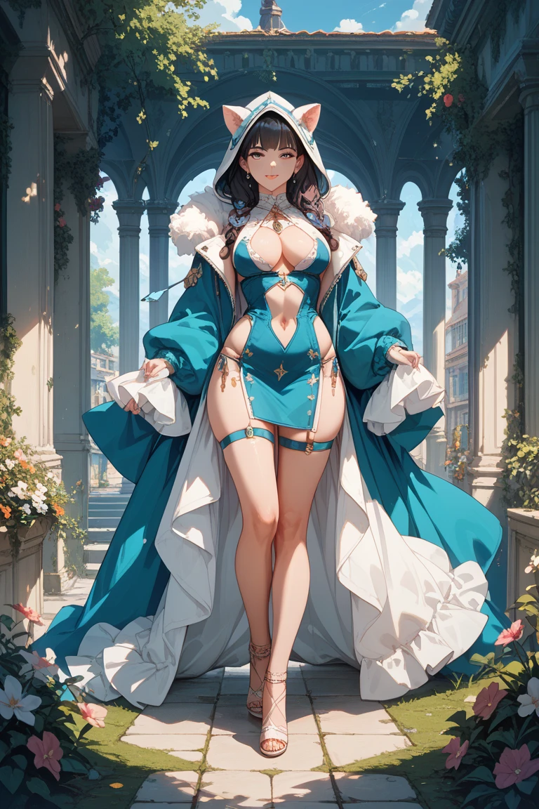 chinese princess, Full body see-through powder blue underwear, Long-legged girl, Put on your boots, Huge breasts,sexual hunger, Strong sexual desire, , Transparent underwear, see through body, Close to nudity, Lace underwear, Wearing a long cape, Lace cape,wearing fantasy clothing