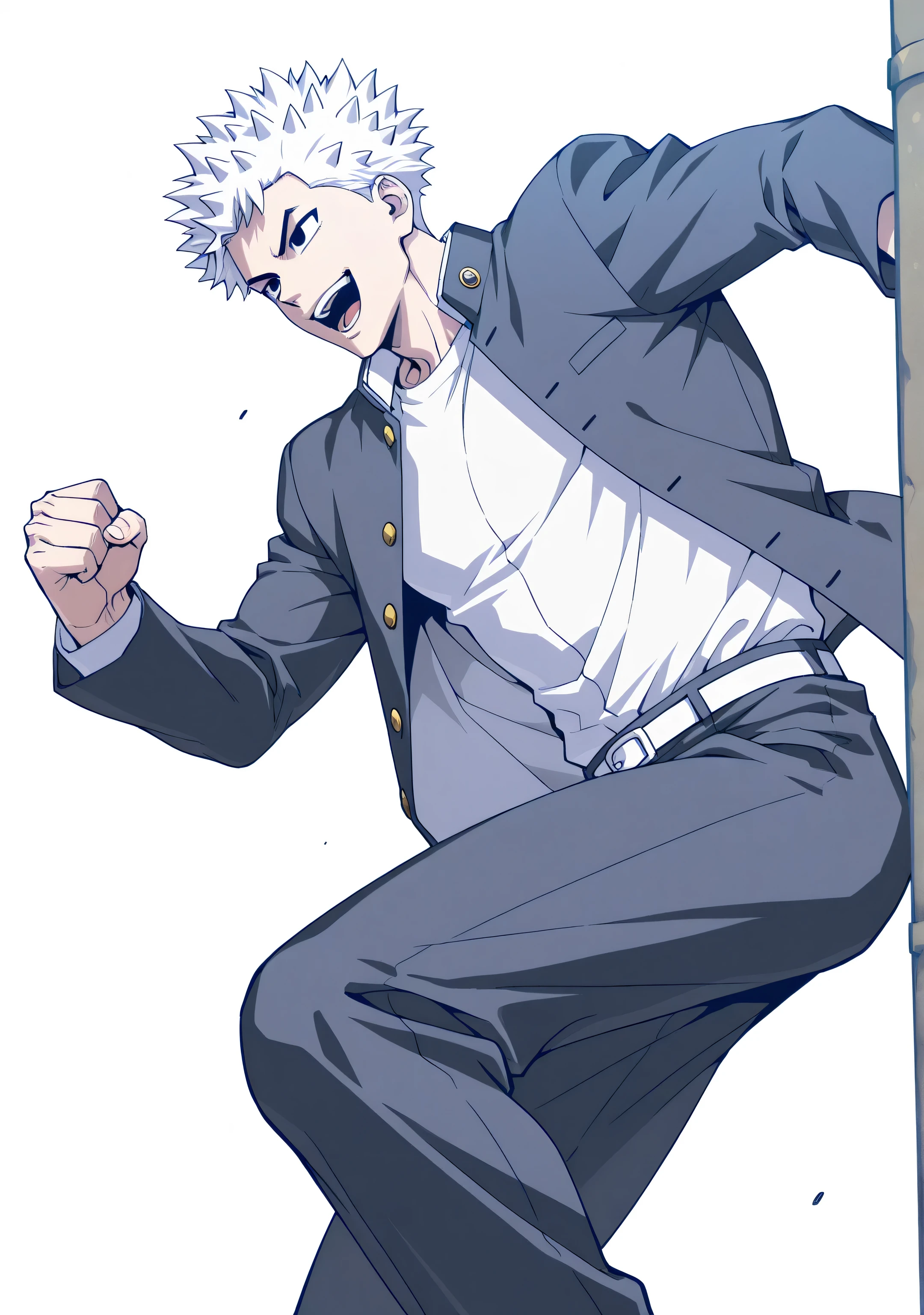 1male,solo,short hair,spike hair,black eyes,cool face,grey gakuran,white shirt,white belt,kick,muscle,japanese,alley,night,WIND BREAKER,