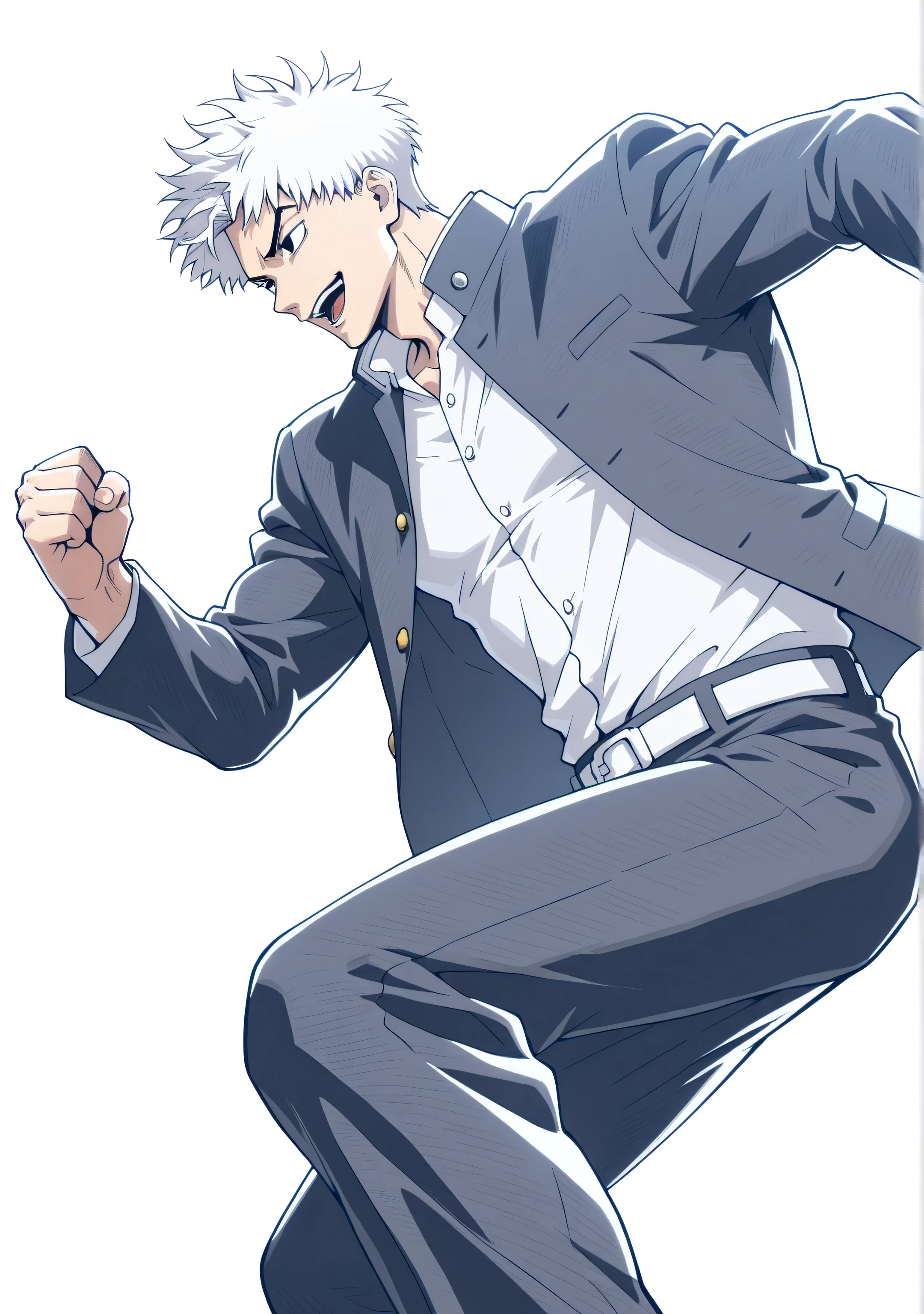 1male,solo,short hair,spike hair,black eyes,cool face,grey gakuran,white shirt,white belt,kick,muscle,japanese,alley,night,WIND BREAKER,