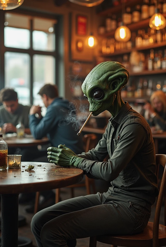 a grey alien sits on a ragged dirty couch and smokes a cigarette in one hand while he holds a tv remote in the other, grungy, dirty, filth, interior, apartment, dim light