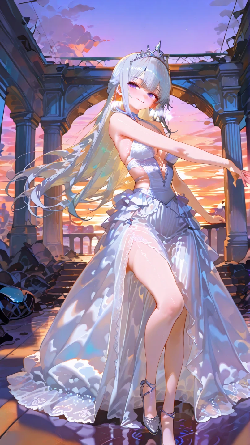 (tmasterpiece), (beste-Qualit), realisti, cinematiclight, Hinata from Naruto smiles, in a bride's dress with a veil,cool pose, battlefield background, the perfect body, white eyes, white colored hair