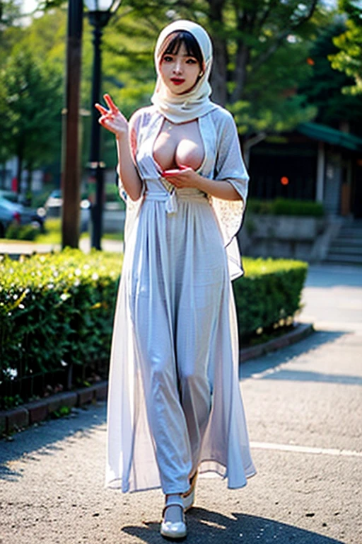 最high quality、high quality、best image quality、8K、最High resolution、High resolution、最high quality、masterpiece、realistic pictures、RAW photo、realistic atmosphere、Hijab women, (detailed face)、(fine hands、thumb１reference４)、(beauty of hijab japan )、very nice face、cute face、((beautiful hijab japanese girl))、(woman), ((18 year old beautiful girl))、(glossy black hair)、long hijab、whole body、slim style、(shiny skin)、(Fair skin, Glossy skin)、real human skin、realistic human body structure、perfect body， perfect face， perfect hands， perfect fingers， perfect lips， perfect eyes，perfect teeth、perfect background， perfect atmosphere，soft natural light、samurai kimono、maiko kimono、servant、geisha kimono、japanese kimono、Furisode、kimono、Yukata、japanese traditional、Samurai Residence、Japanese garden、((colorful transparent vinyl(クロストップkimono、Cross top hakama with side slits))、((Under the cherry blossom tree in full bloom(Poses that make your thighs look sexy))