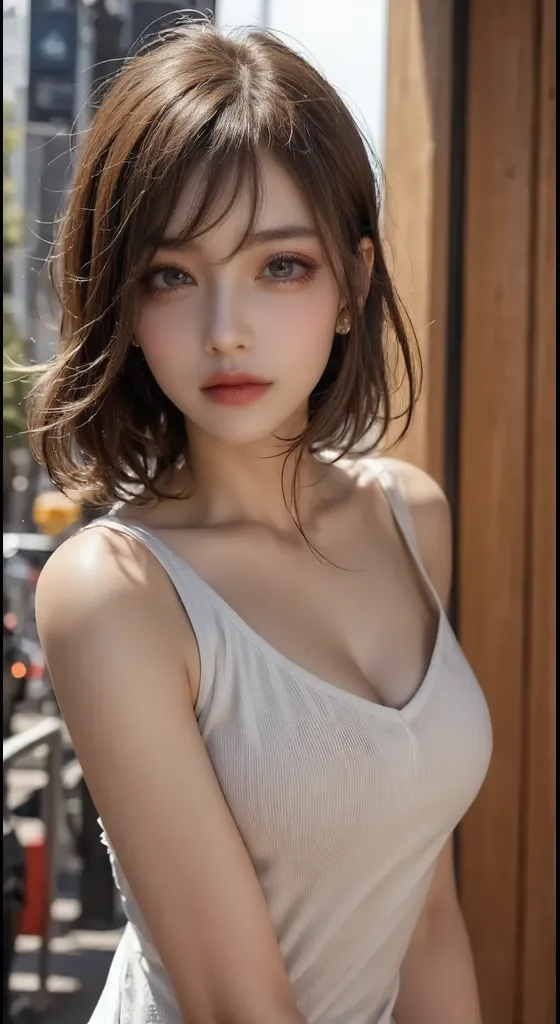 1 Female, Very detailed顔, lips detailed, Detailed Eyes, double eyelid, Glowing Skin, Brainstorming, Very detailed, Super detailed, 超A high resolution, Esbian all over, (Photorealistic:1.4), (highest quality), (Best Shadow), detailed, Perfect lighting, Black-haired、Short-haired, (Big Tits:1.3)