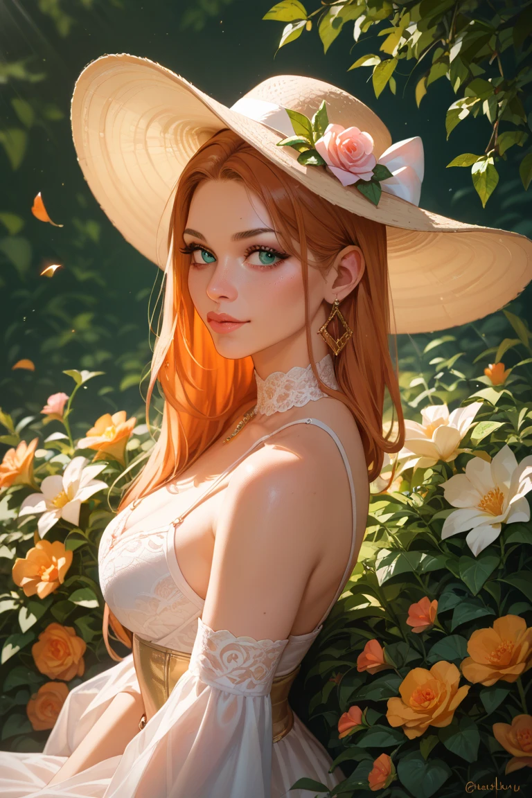 (best quality, 4k, high-res, realistic), alluring red-haired woman, vibrant tulip fields in the countryside, sony a7iii camera, 85mm lens, natural sunlight, red hair, white lingerie