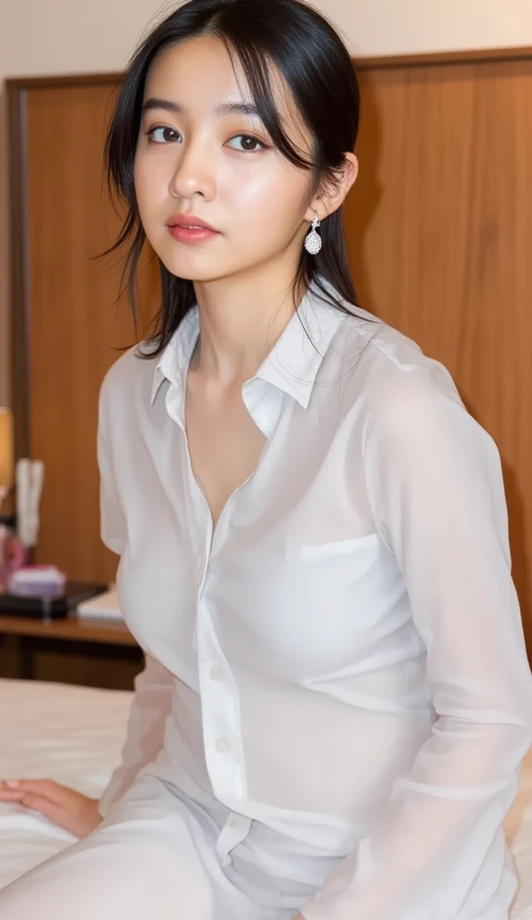 best quality, masterpiece, (photorealistic:1.4), 1girl, light smile, shirt with collars, waist up, dramatic lighting, from below, butt pose