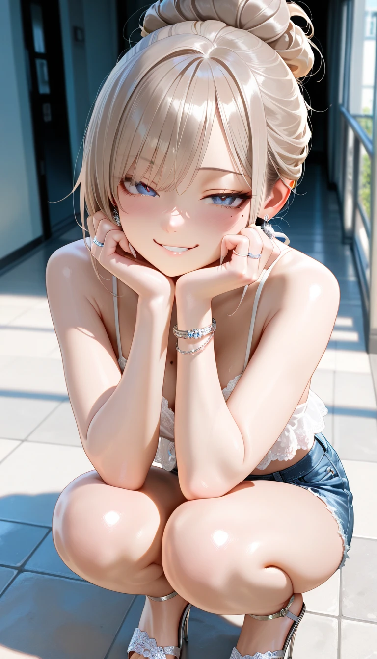 (NFSR8k, Highest quality, masterpiece:1.2), Very detailed, (High brightness:1.3), (High Contrast:1.1), (High chroma:1.1), (Anime screenshots:1.20), (((One person))), ((A girl who is 120cm tall:1.30)), ((hair ornaments:1.2)), (Hair between the eyes, Silver Hair, bangs, Medium Hair), Green Eyes, skin, Front angle, (((Both sides up:1.10))), ((Beautiful Eyes:1.2)), (cute eyes:1.2), ((Eye for details:1.5)), cute, (((((smile:1.30, Open your mouth))))), (((((Small breasts:1.40))))), (((((Her entire breasts are visible through her tank top:1.40, Nipple peeking:1.30))))), (((((A black tank top with a very low neckline:1.30))))), ((the body is slim:1.10)), ((blush)), (Outdoor, Beach, Day), ((whole body:1.2)), (((((Prostration:1.40, Place your hands on the ground far in front of you:1.40, Keep your knees on the ground:1.40)))), (Shiny skin:1.10), (Oilskin:1.5), (((Basic structure of the human body:1.60))), (((Female organ:1.20))), ((barefoot:1.10))