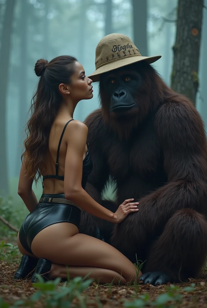 Aki Eva is embraced by a giant gorilla in the middle of a group of gorillas, Medium brown hair, Big Tits, Big Ass, Japanese beauty, Open anus, Thong