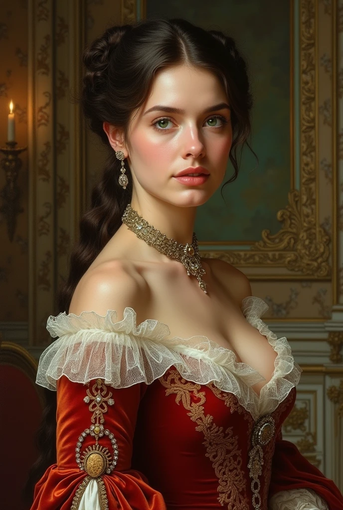 Victorian Hungarian women Women of the 19th century, Hazel hair, Red lips, Nice feature, Wadim Kashin, james gurney, ink, Splash Art", Amazing beauty , Royo, after sexing, Super detailed splash art modern European ink painting, mid gorgeous breasts, gorgeous body.