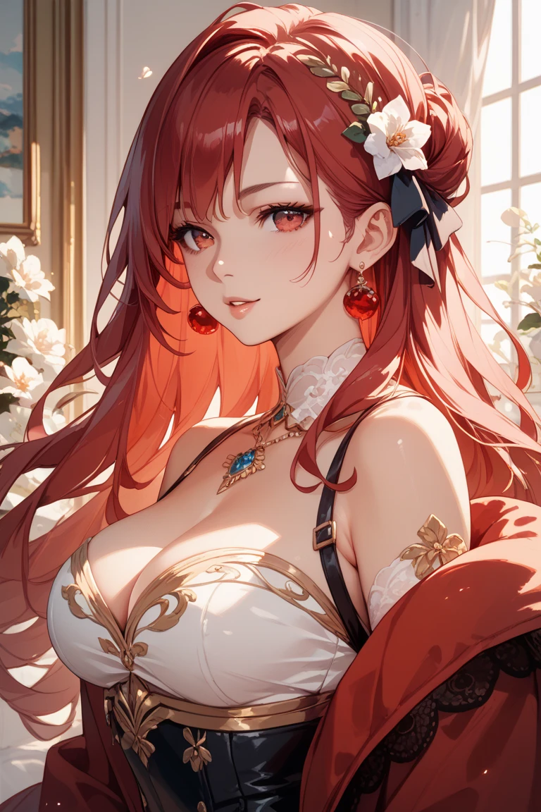 True anime Princess Daisy, against glass, 36C breast, long red hair, shy smile, dark red lips, dark eyeshadows, dark eyeliners, streching yellow dress  -imagine --auto --s2