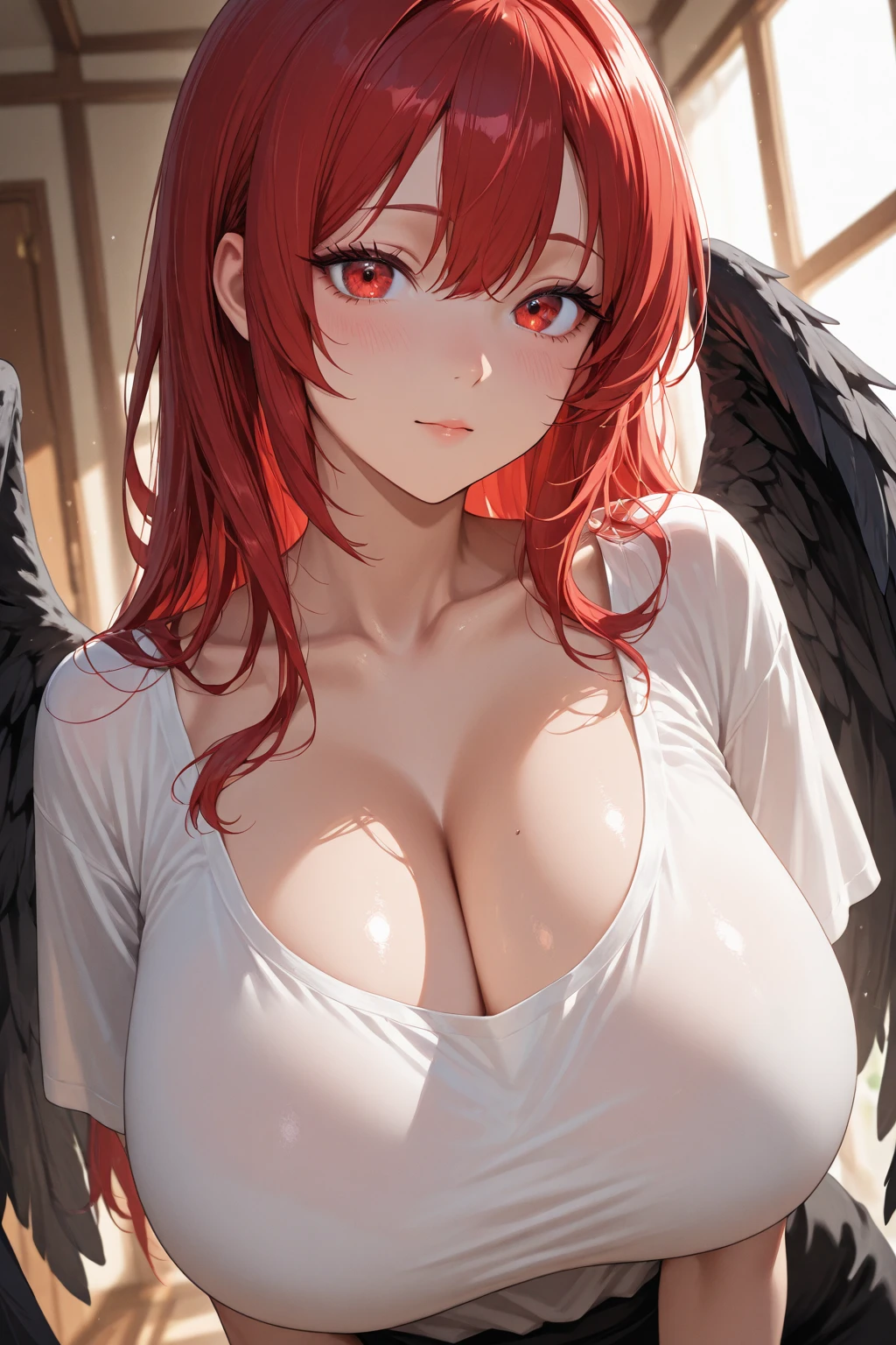 anime goddess girl black wings,((red hair)), black wings, beautiful face,smiling, fit body, big wet breast,wearing goddess dress, illustration,detailed textures,ultra-detailed(realistic),portrait style,vivid colors,soft lighting. red hair goddess girl , small girl, one girl, redwedding dress, face on camera, tight shirt, show large chest, dark isekai, shy girl, pitiful face, face forward to camera, bent pose, asking pose, pink cheeks, half body, body on big chain, smile, red eyes, no nails, pink blushes, lying on grass, very big breast, cleavage, wet breast, leg_up, lot of iron chains, anime girl leans forward, looking at viewer, slave collar necklace seductive anime girl, 8k octae render photo, cushart krenz key art feminine, 8k high quality detailed art, a sexy wedding dress,anime girl laying on the ground with green hair and green eyes, anime girl, seductive anime girl, attractive anime girl, beautiful alluring anime woman, top rated on pixiv, beautiful anime girl, beautiful alluring anime teen, anime goddess, detailed anime artwork, trending on artstation pixiv, sexy girl with green eyes, extremely detailed artgerm, guweiz