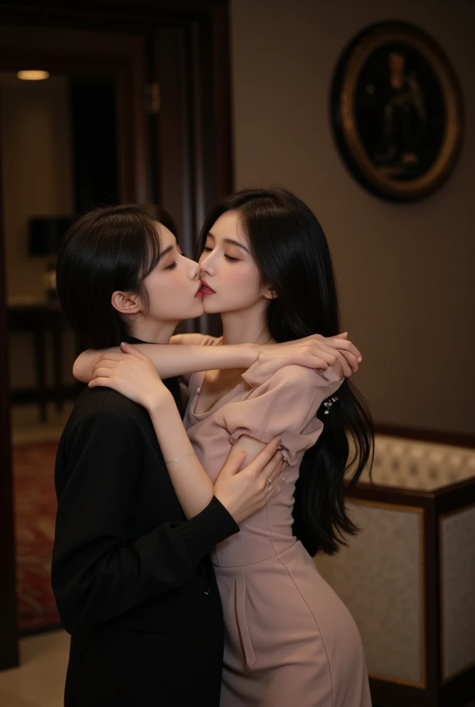 2girls、Yuri、kisses、red lipsticks、Hands behind your back、Satin glossy bandeau、Glossy satin gloves、Satin glossy skirt、Satin glossy knee-high socks、Long boots、The skin is wet and shiny、korean people、Embarrassed blush、saddened、Bright pink curls、Hot kisses、mouth opening、Tongue stock、
