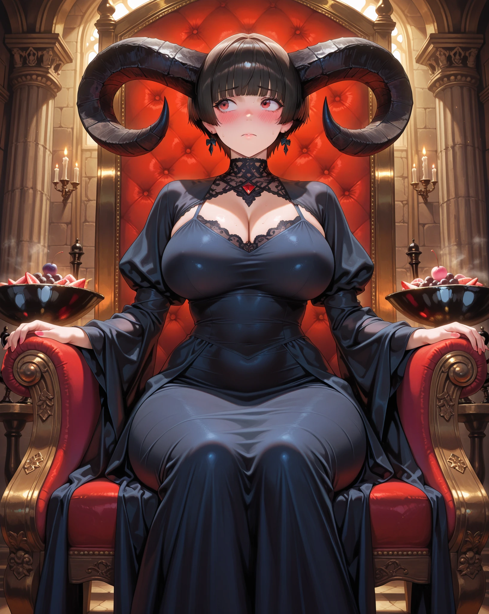Cow horns on head, cow ears instead of human ears, cow tail, A masterfully crafted 3D render of an evil businesswoman sitting on a grand, ornate throne at the head of a long office table in a dimly lit room. The woman, with her mesmerizing beauty, exudes both power and darkness. Her outfit is a blend of luxurious materials used to make a scandalous risqué business suit, adorned with shimmering materials and intricate designs. Behind her, the stained glass windows cast a vivid Tyndall effect, with beams of light piercing through the darkness and creating a haunting atmosphere. The room itself is a blend of gothic and modern architecture, adding to the unsettling aura surrounding the queen. This illustration is a breathtaking example of anime realism, showcasing the artist's incredible skill and attention to detail., 3d render, anime, fashion, illustration, she has massive breasts that cannot be contained in her ripped open waist coat, massive hyper sized breasts lactating, tubes and milk pumps connect to breasts. Milk tanks. Breast pumps collecting her milk, strapped to a golden throne as she’s milked by breast pumps. Breasts bigger then her body, breasts hooked up to hundreds of tubes and wires.