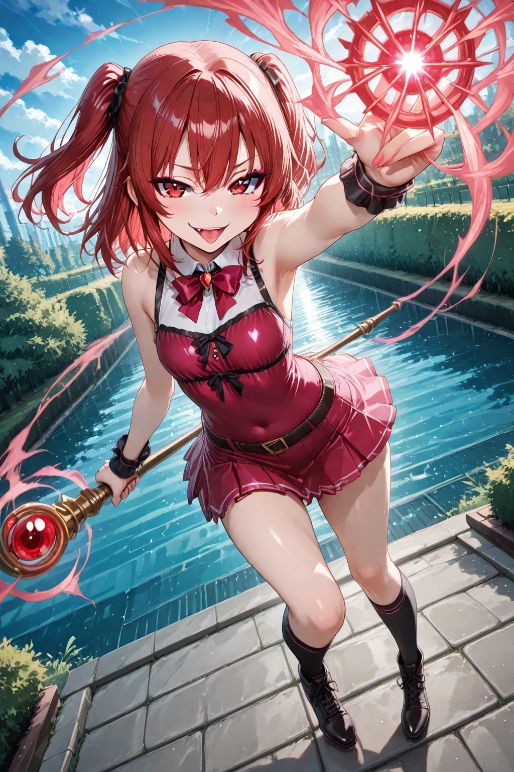redhead anime girl in pink boots holding an umbrella, big breasts, beautiful breasts, red latex top, black latex skirt, anime style, beautiful lighting, daylight, big breasts, beautiful breasts, sexy anime girl, good lighting environment, whole body