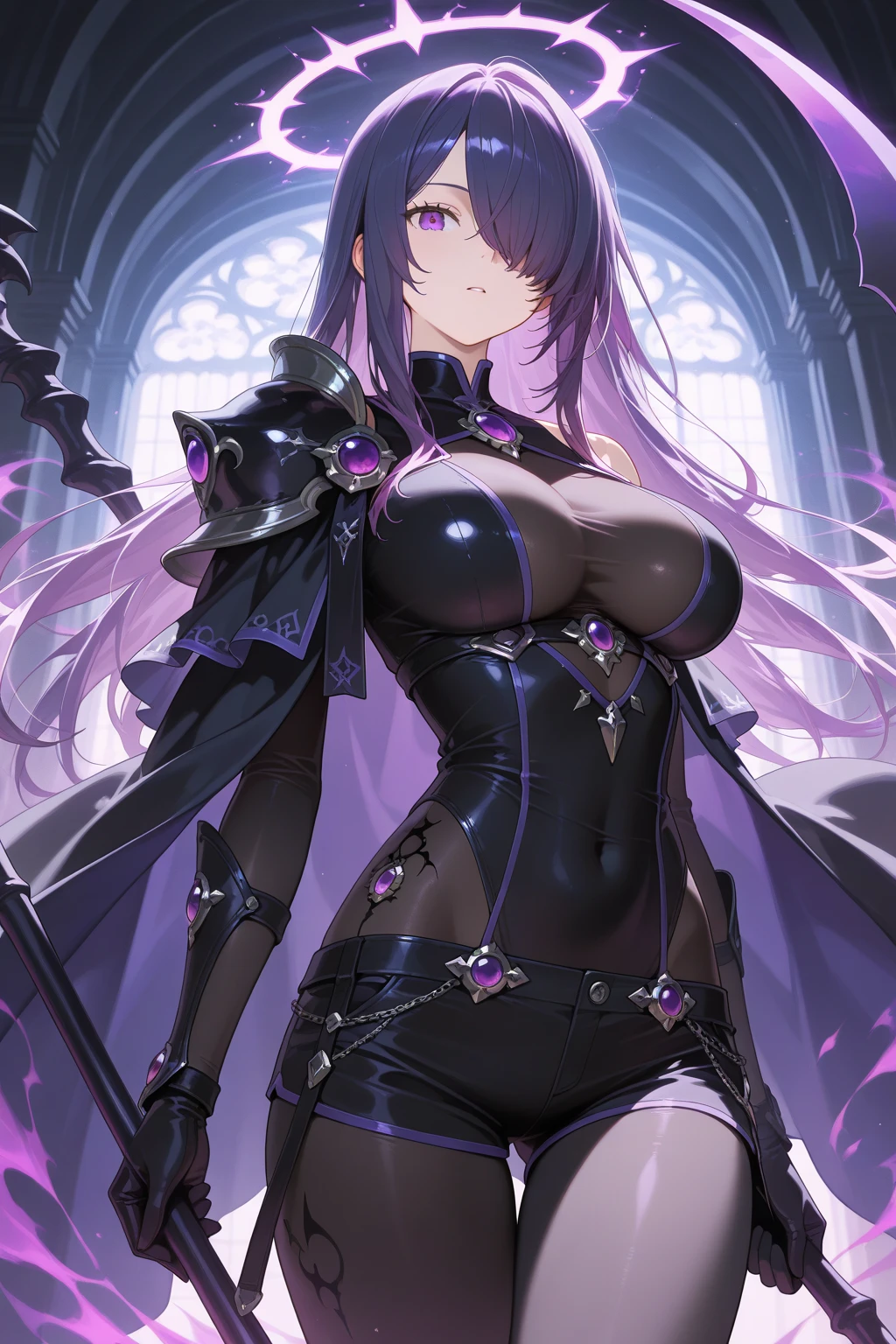 4k,High resolution,one woman,purple hair,long hair,Braid,green eyes,big breasts,knight,Black leotard armor,black color long boots,jewelry embellishments,Large sword,medieval town