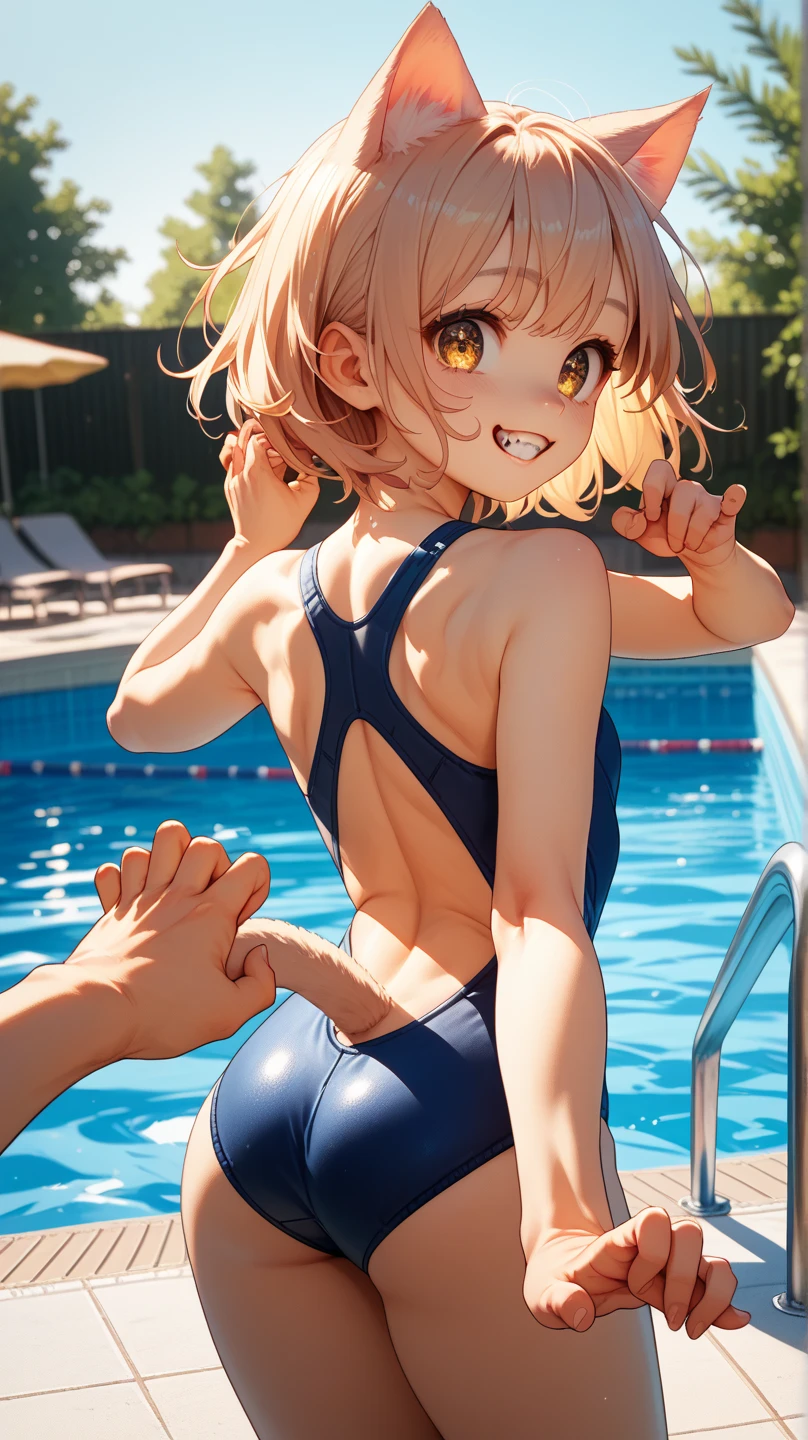 (perfect hands),(1 girl), brown bob hair,Little,messy hair, ,(orgasm face),, masterpiece, highest quality, ultra high resolution, 8k, professional lighting, photon mapping,,low saturation,, full length, realistic background, shallow depth of field, perfect anatomy,,((cute:1.4)),(10 years old:1.8)、(Navy School Swimsuit:1.5),(nude:1.8),closed my eyes, orgasm face, blush, arched back, (vagina peniale), (rodeo), hetero,white skin , (intense sex:1.7), (cum out:1.2), NSFW, small breasts, (Sweat:1.2), (( doggy style sex:1.2)), (pen:1.2),((moving line:1.4)),(orgasm face:1.8),((crawl on all fours:1.2)),((sex from behind:1.5)),(school poolside:1.8)