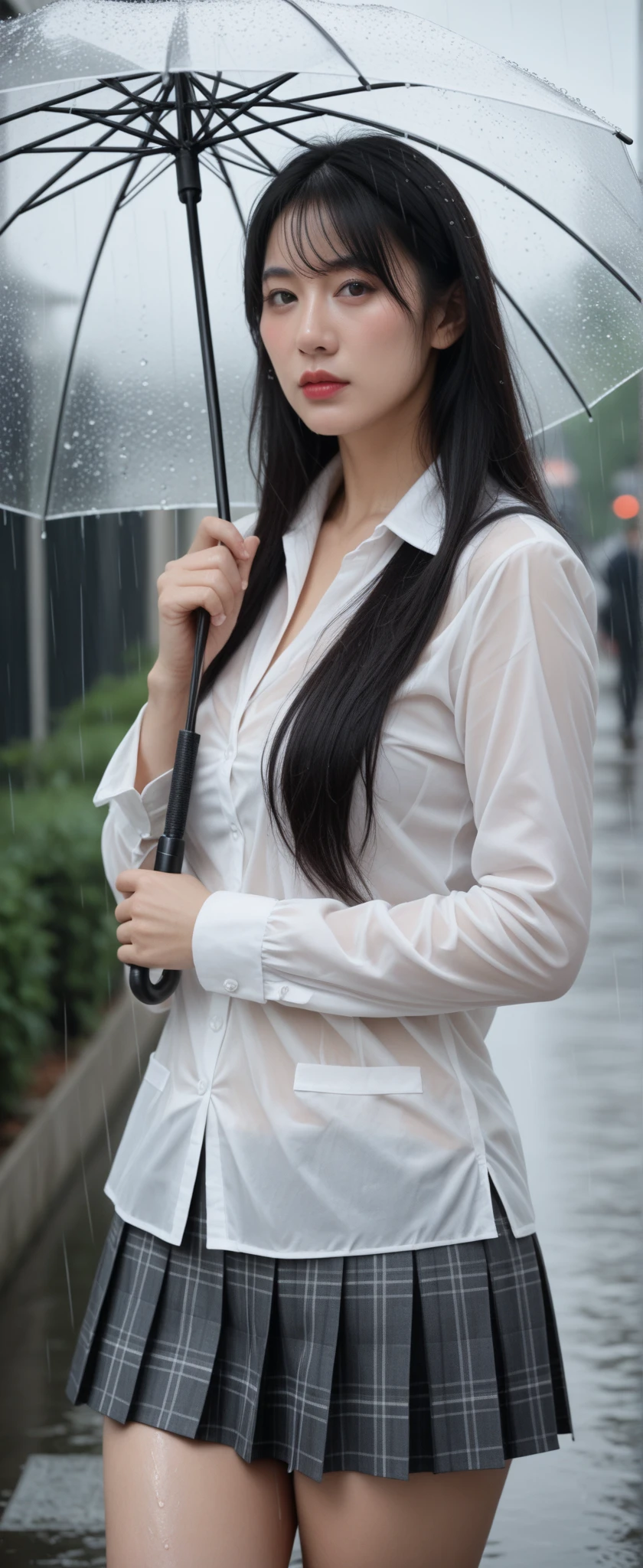 ((Nipples visible through a wet white shirt))、No underwear、Full body view、Long straight black hair、high school student、uniform、sexy、No bra、mini skirt、Japanese、17 years old、