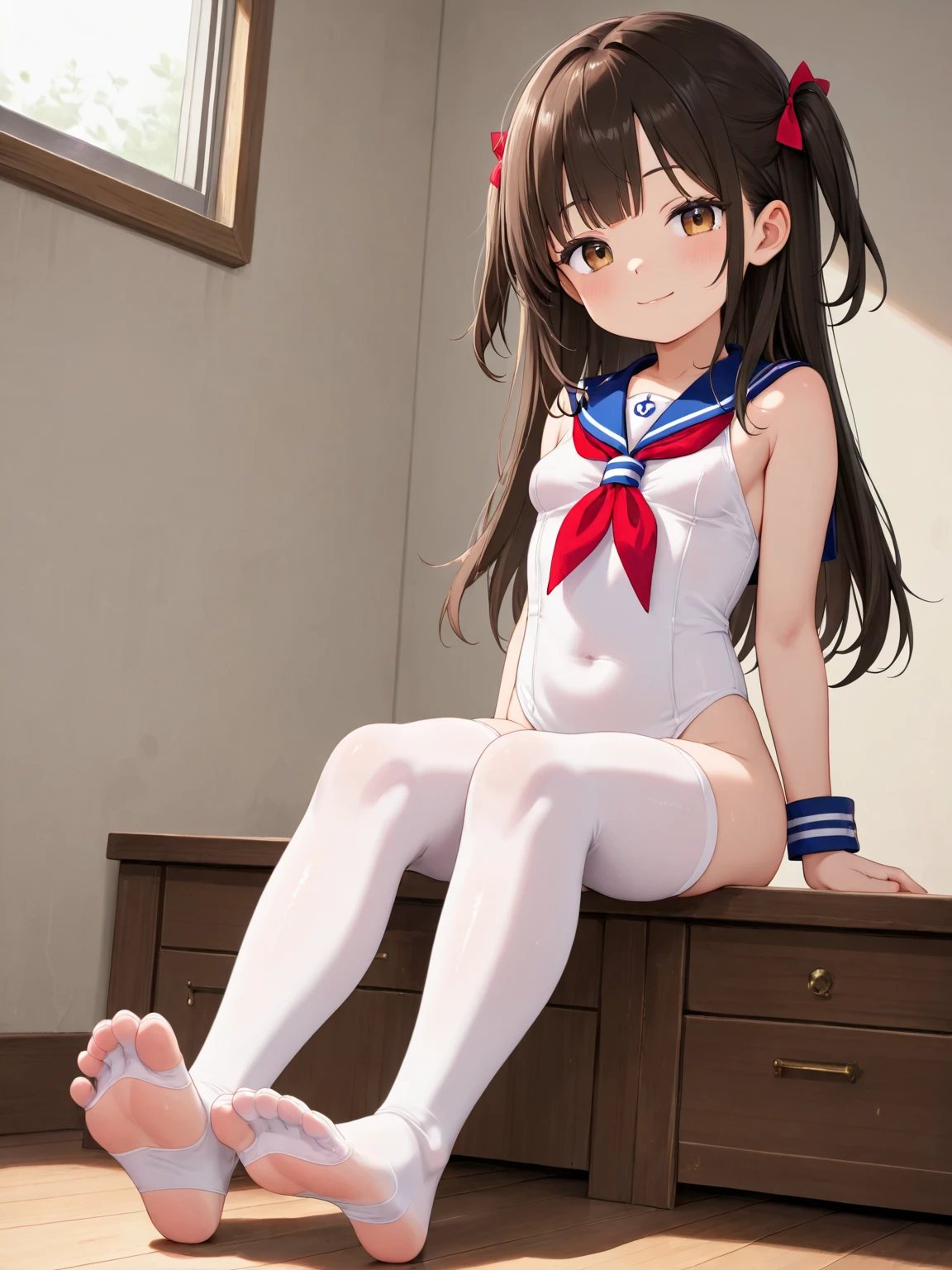 Absurd, (highest quality), (masterpiece),(Very detailed:1.2), (High resolution), Half body 1 person, alone, Same 1, tiara, Sailor Warrior Uniforms, White gloves, Red Sailor Collar, Red Skirt, Dutch Angle, Angle from below, A gentle smile, Sit on a wooden bench, spread legs, Showing panties, Big Breasts