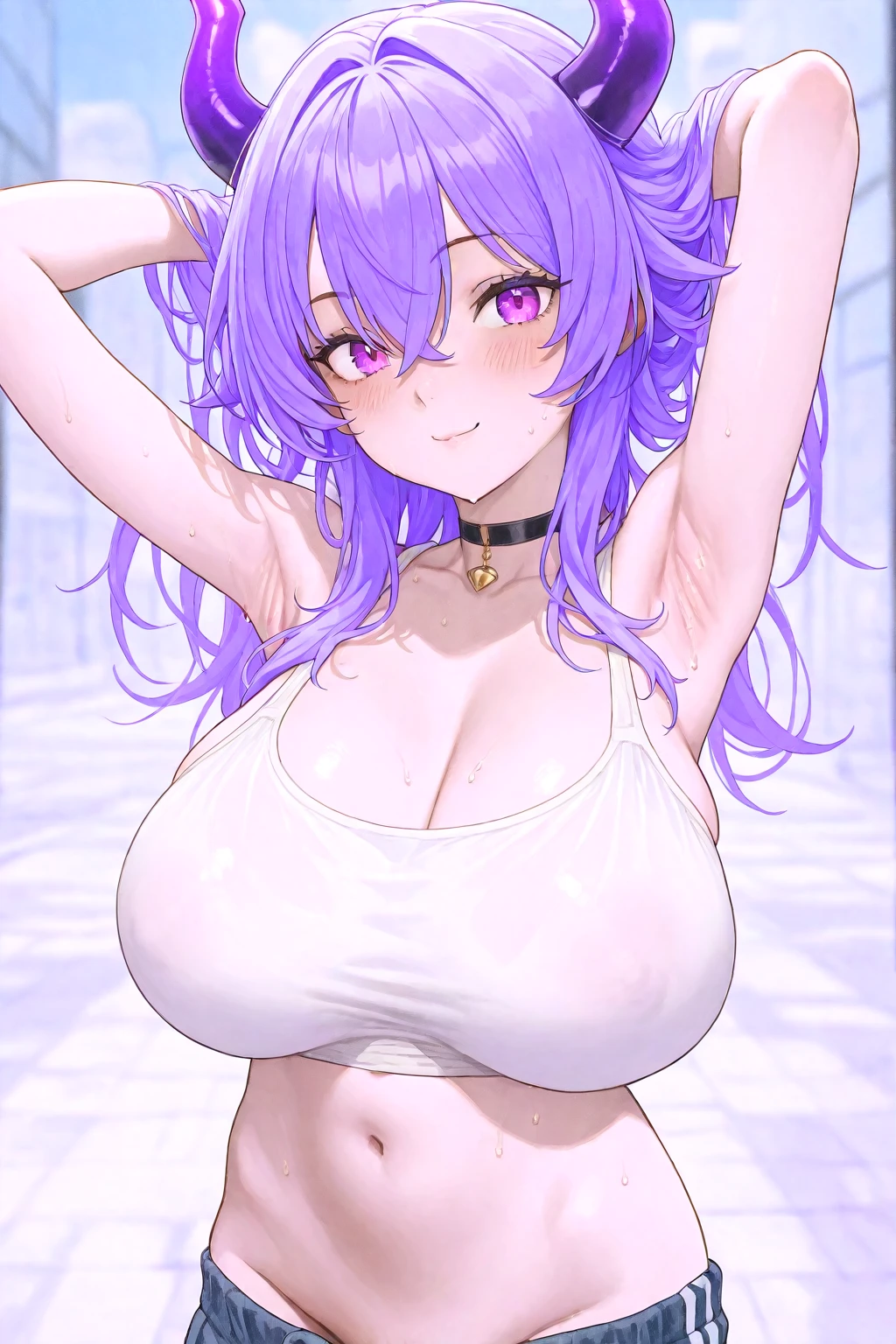 Anime Girls、shower room、Very large breasts、Embarrassed smile、Cowboy Shot、bikini、Cat ear、Long Hair、Light purple hair、Purple Eyes、Pressing your chest against the glass、True Face、Viewed from the front、cute、Focus on the chest、symmetry、Pointed Ears、