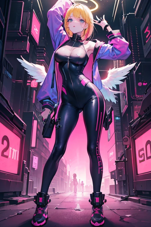 Make a whole purple neon ostrich bird, colar Bitcoin, Bitcoin mining plant,super computadores; amethyst crystal floor,cabos roxo conectando tudo, cyberpunk