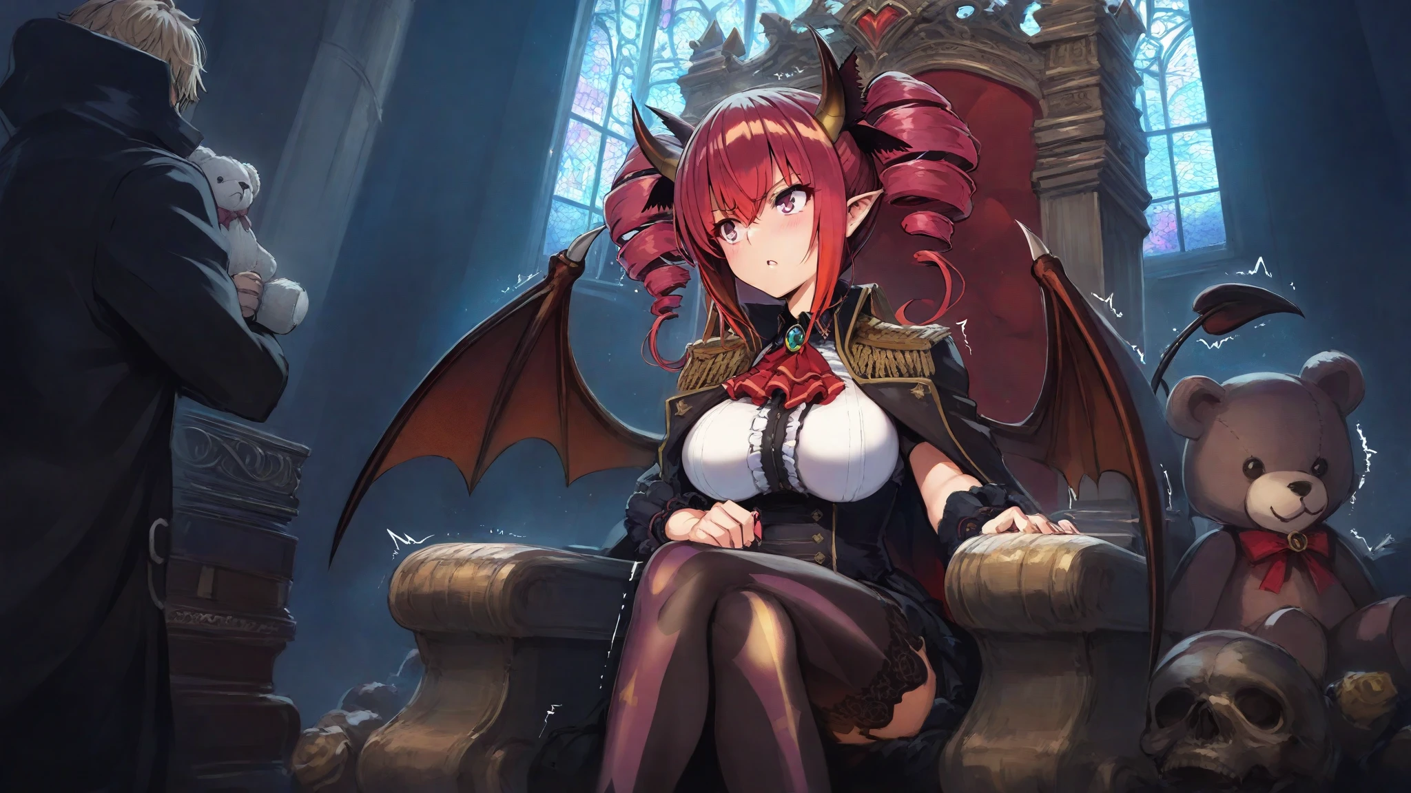 best quality, highres, ultra-detailed, Shamsiel_Shahari, 1girl, solo, breasts, fang, mischievous, tail, demon_girl, downblouse, red_hair, golden_eyes, sitting on a throne, dynamic lighting, <lora:shamsielShahari_v2:0.7>, short hair,