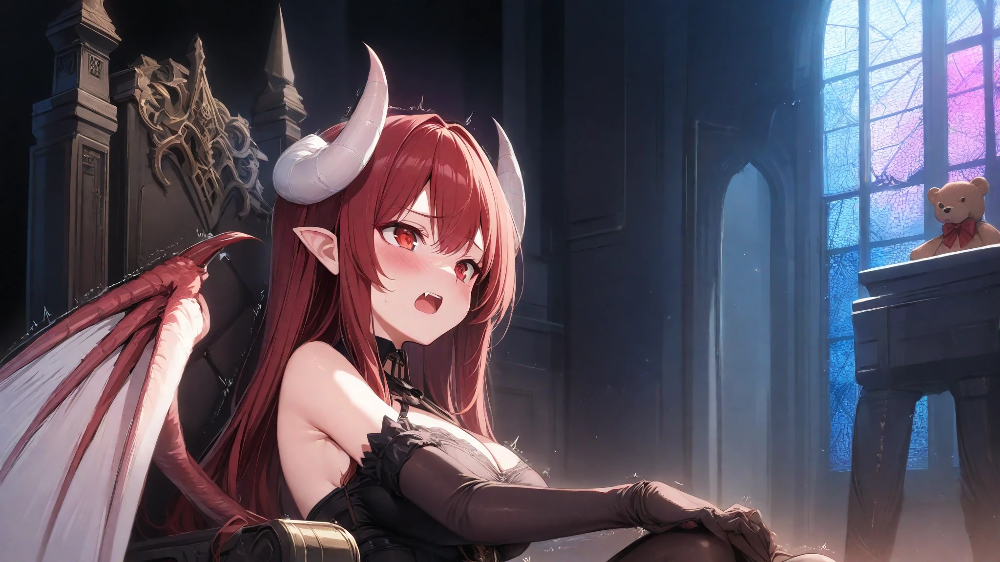 (best quality, highres, masterpiece : 1.4), (flatten art : 0.8), masterpiece, (best quality), 1girl, anime, (shoulder-length blue and red hair) very long sidebangs, fair skin, deep red eyes, dragon shape pupils, (large horn, (golden motifs)), pointy ears, medium sized breast (uncovered), sadistic grin, (detailed face), (bedroom, night), close-up, hentai, (undressed black dress with white motif, choker necklace), seducing, alluring, enticing, cowgirl position, woman-on-top sex, porn, sweating, lustful, pov, cumming, dynamic motion