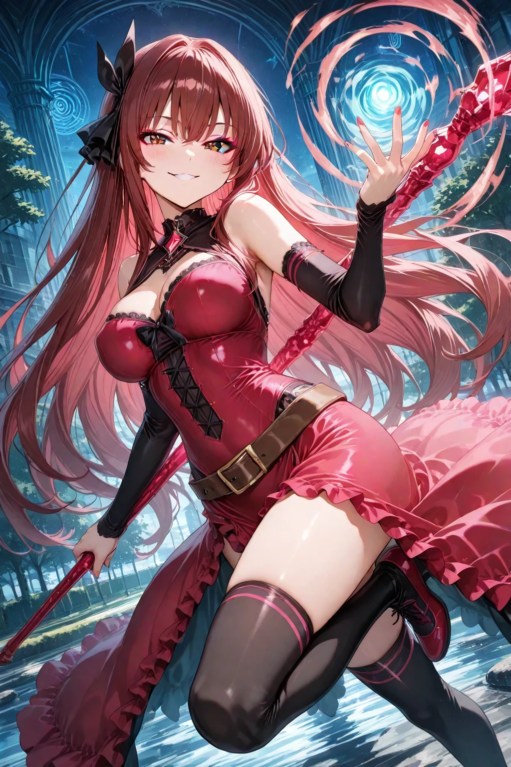 (masutepiece, Best Quality), 1girl, solo, breasts, thighhighs, long-hair, large-breasts, cleavage, red-hair, garter-straps, fishnet-thighhighs, fishnets, flower, full-body, object-namesake, skirt, smile, standing, red-footwear, bow, panties, looking-at-viewer, underwear, frills, staff, detached-sleeves, red-eyes, hair-bow, blush, hair-ornament, holding, high-heels, white-skirt, black-bow, shoes, corset, hair-flower, open-mouth, holding-staff, weapon, detached-collar, pantyshot, short-sleeves, ribbon, puffy-sleeves, pink-panties, holding-weapon