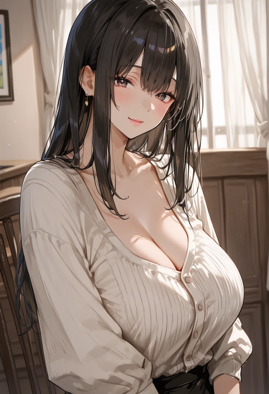 (8k, best quality, tmasterpiece:1.2),\(eye detailed\),\(Facial features\),(\(Clothes detail detailull body,(Facial focus) ,Very detailed CG unity 8K wallpaper,hugefilesize,ultra - detailed,A high resolution,absurderes,beautidful eyes,Ray traching,dramatic shadow,finely detailled,Dramatic angles,Hyper-detailing,(1 girl:1.3),(solo),brown hair,bob head,(middles hair),black hair,MILFICATION
MATURE FEMALE
MILF
(/huge BREASTS:1.2)/,fleshy belly,[tall and plump],(white long sleeve shirt:1.4),Skirt that wraps hips,Black flats.sit on chair,(Bring your legs together:1.2)+(hands lying on thighs:1.36),head bowed slightly,Prim