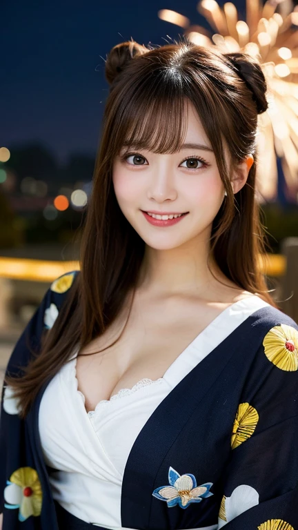 Product quality, One girl per photo, Cowboy Shot, Front view, Cute young Japanese woman, Long Bob Hair, Very smiling, Very cute face, Glossy Lips, Double eyelids on both eyes, Natural Makeup, shiny smooth light brown hair of Long Bob Hair, asymmetrical bangs, High resolution, Attention to detail, Detailed hairstyle, Detailed face, Cinema Lighting, Octane Rendering, Ultra-realistic, Perfect limbs, Perfect Anatomy, Black Choker, blue eyes, Very long eyelashes, bangs, ((The body is slim, Slim face, Cleavage)), Good posture, elegant, grows well, Deep mountain hot springs, Open-air bath, ((Arrow-shaped yukata))