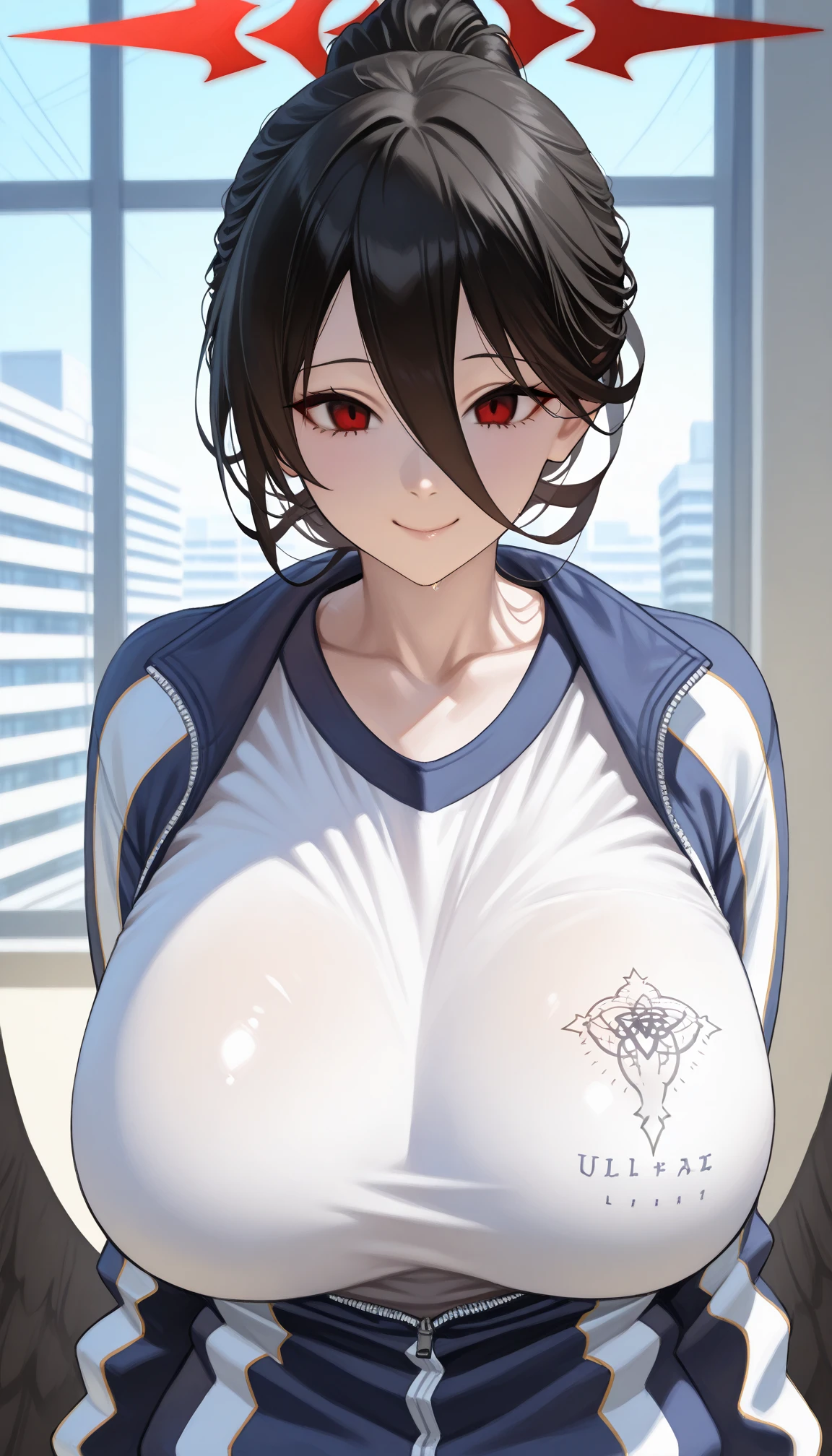 1girll, 独奏, White polo shirt, White sneakers, Small bra, white mini-skirt, tmasterpiece, Best quality at best, realisticlying, ultra - detailed, (shiny skins, perspired:1.4), absurderes, looking at viewert, with short black hair, with brown eye,slenderness,Dynamic light and shadow,A high resolution,Sharp focus,depth of fields,The eyes are delicate,Sharp pupils,pupil realistic,(huge tit:1.4),A sagging breast,(Big breasts Thin waist:1.5),(straight thighs),exteriors,Skysky