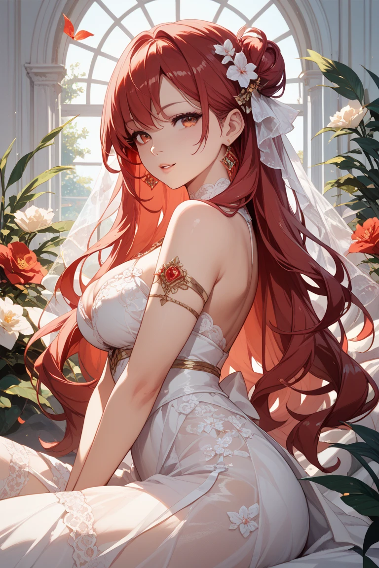 (SFW), masterpiece, best quality, highres 64k, professional artwork, famous artwork, clean, cinematic lighting, beautiful eyes + detail, beautiful hair + detail, multicolored hair,  (very sexy young female body:1.4), ( medium breasts, lactation), happy:1.3, smile, sexy looking at the viewer, floating hair,  poison ivy arkham, red hair, very long hair,  green eyes, makeup, green skin, leaf,,   indoors, <lora:poison_ivy_arkham:0.4>, <lora:weddingDressExtension_weddingdressexv04:0.45>, green wedding dress + leaf decoration, bridal veil, wedding, bridal gauntlets,