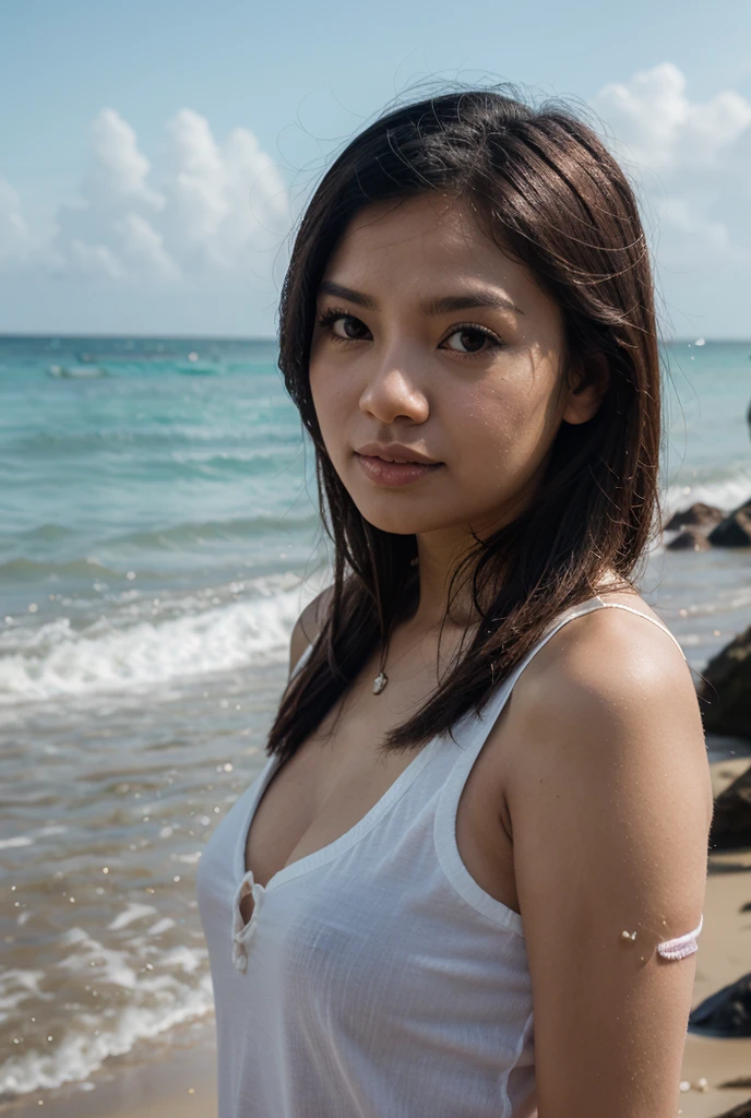 arafed girl standing on a beach with an orange overall, orange jumpsuit, overalls, wearing an orange jumpsuit, official product image, wearing overalls, orange halter top, artist wearing overalls, wearing an orange t-shirt, wearing orange sundress, wearing orange prison jumpsuit, neck zoomed in, wearing an orange t shirt, cute girl wearing tank suit