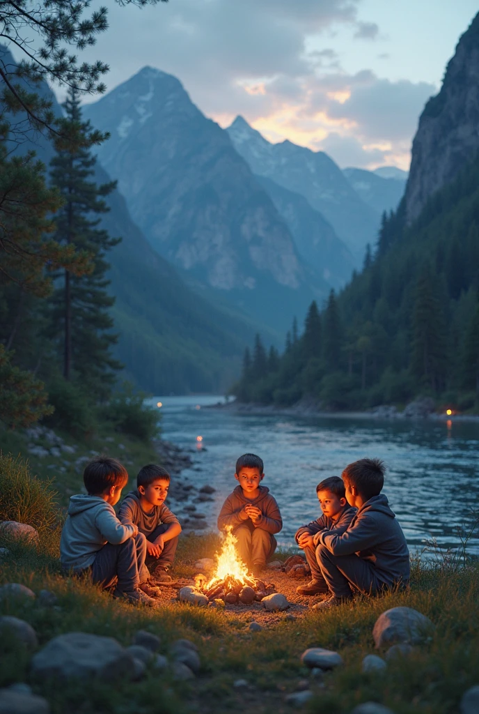 A group of 5 people's and a small boy age of 8 with a bright sunset.all the people's were slept in a cave with a fire camp