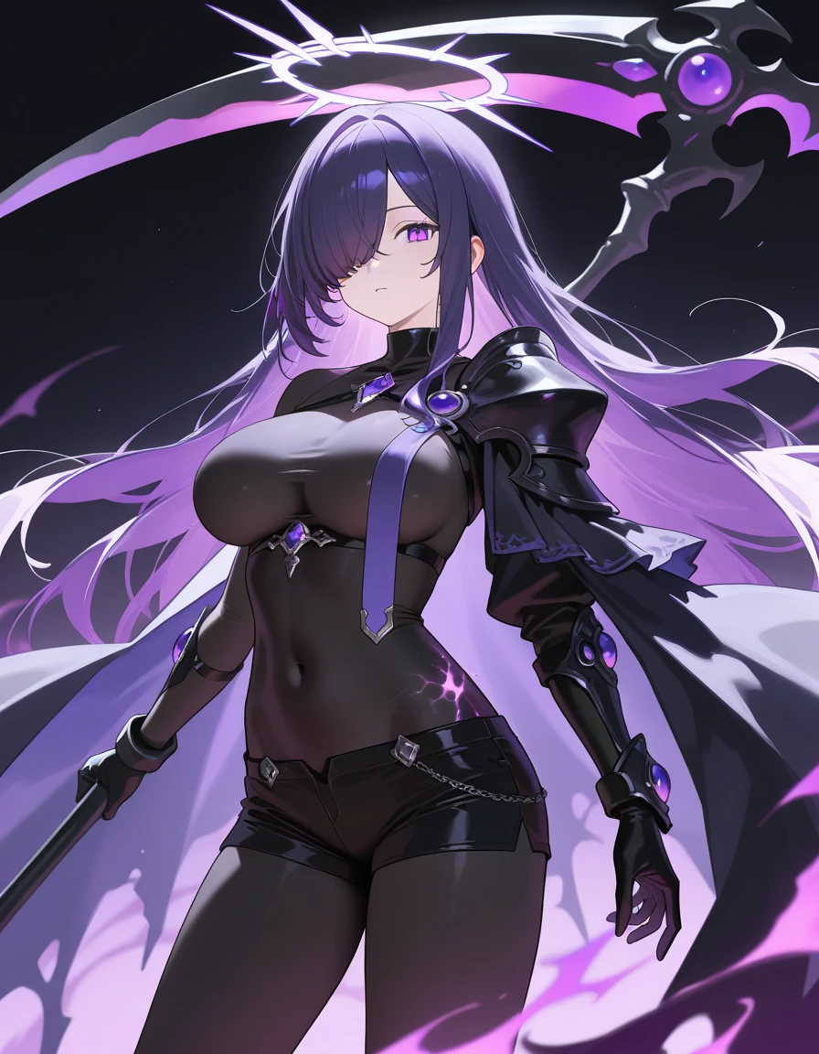 Womens (The chest is just right.)Long purple-black hair, black eyes, wearing a black-purple fantasy outfit. Holding a cool angel's scythe and releasing dark magic in one hand.