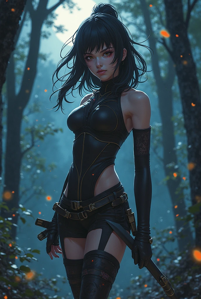 Solo, Octavia (Marie Avgeropoulos, long black hair with braids, eyeliner, makeup, shine), tied to a tree in a dark forest, sexy dark leather costume, arms up, armpit, , jungle landscape, (suspended bondage, horizontal bondage:1.11)
