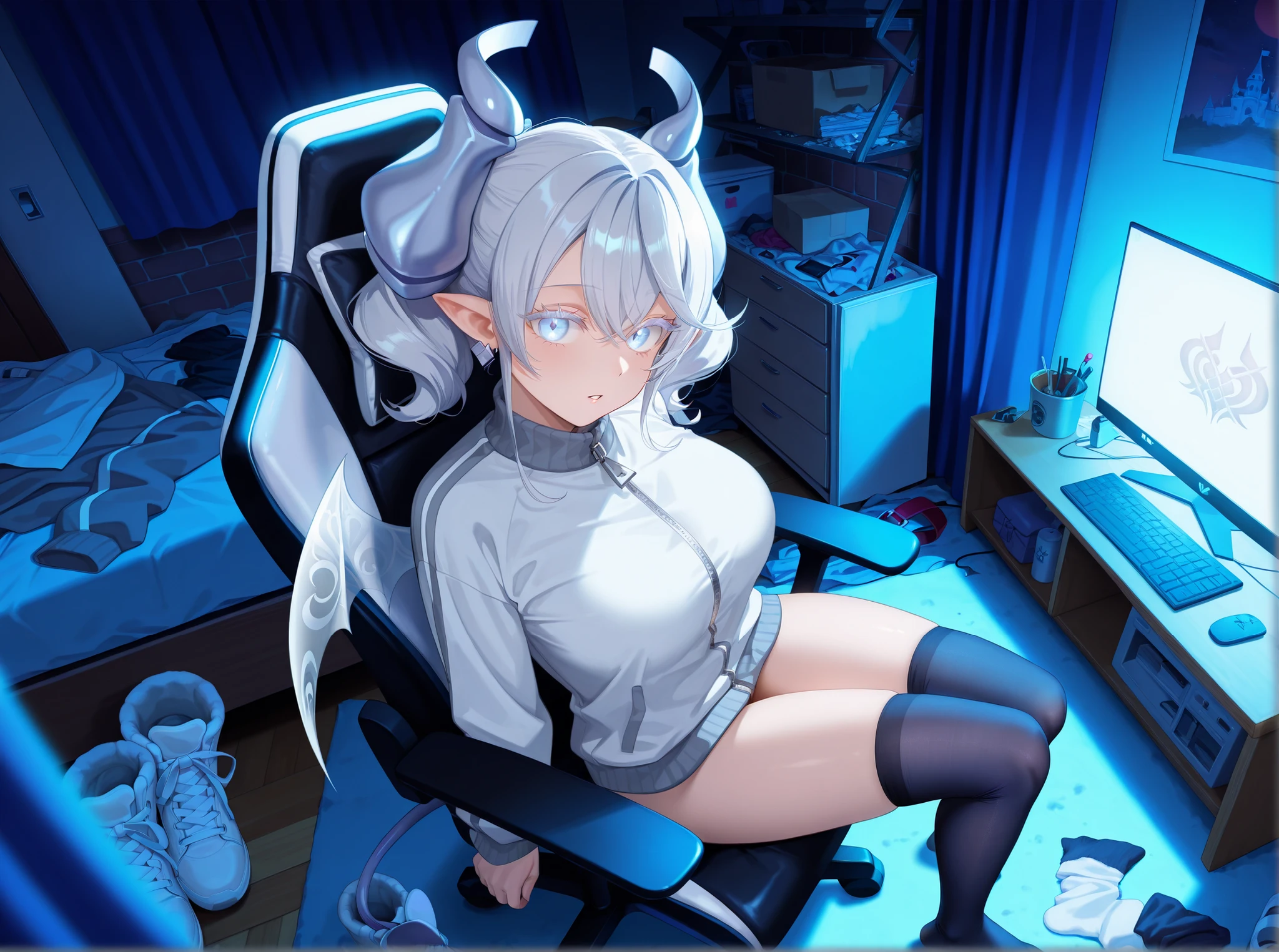 highres, incredibly absurdres, absurdres, dynamic angle, dynamic perspective, depth of field, blurry foreground, absurdly detailed composition,
cel rendering,
from above, indoors, full body, face focus,
dim lighting,
1girl, solo, Lovely Labrynth of the Silver Castle, demon girl, grey track jacket, grey track pants, zipper pull tab, multiple demon wings, transparent demon wings, demon tail, heart earrings, white eyelashes,
glowing eyes, parted lips,
(sitting), (feet on chair), silver gaming chair,
night, castle, (messy room:1.2), loaded interior, (closed curtains), blue curtains,
monitor, computer, canopy bed, cabinet, clothes rack, refrigerator, shelf,
unworn clothes on floor, unworn shoes on floor, unworn shirt on floor, unworn gloves on floor, unworn socks on floor, unworn dress on floor, unworn boots on floor, unworn bag on floor, unworn thighhighs on floor, unworn belt on floor, unworn armor on floor, cardboard box on floor,
gray brick wall, white brick floor, blue carpet,