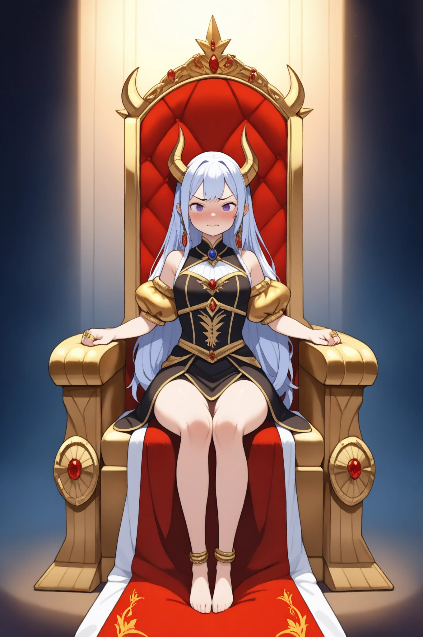 1 girl,colored eyelashes,deep eyes,skin-covered horns,deepcolor,big breast, colored eyelashes, alternate eye color,breast curtain,masterpiece, best quality,very aesthetic,absurdres,inner boob,chair,sitting_on_throne,nsfw,spread legs