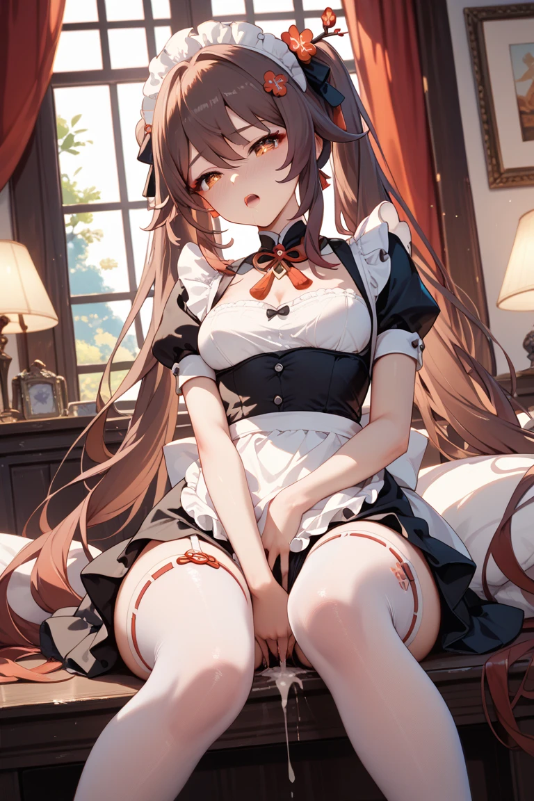 (score_9,score_8_up,score_7_up), 1girl, Hu Tao, solo, , maid, maid headdress, beautiful eyes, looking at viewer, , lying, on side, pussy focus, spread pussy,, cleavage, slim legs